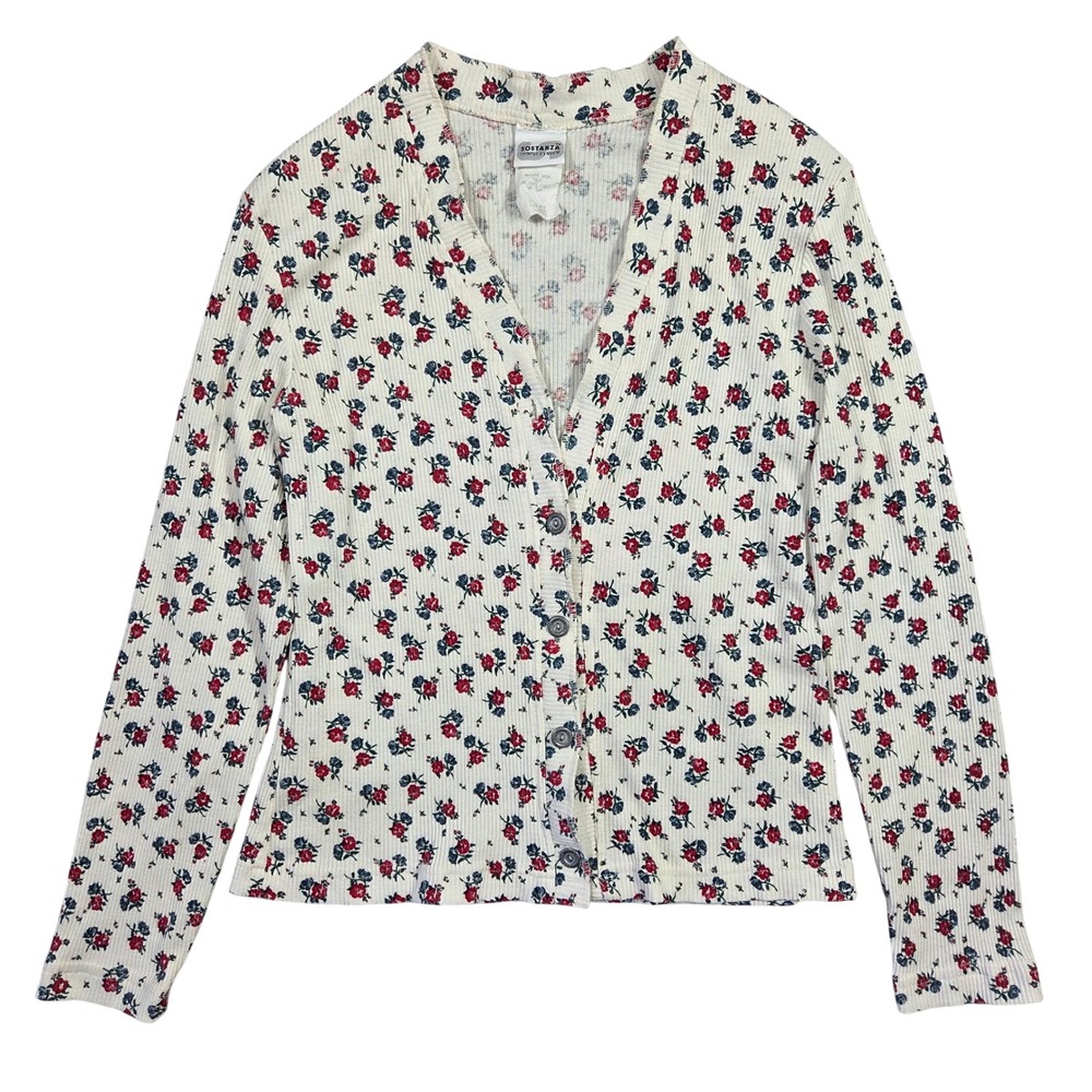 SOSTANZA Vtg Womens Ribbed Floral Button Up Cardigan Top L Cottagecore‎ Prairie